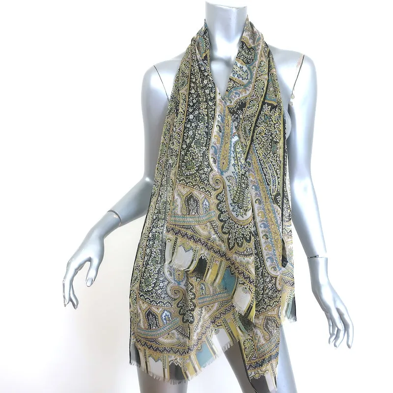 Etro Fringed Silk Chiffon Scarf Black/Yellow Paisley Print