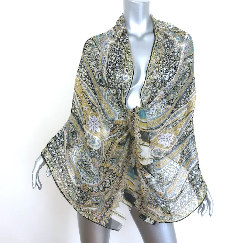Etro Fringed Silk Chiffon Scarf Black/Yellow Paisley Print