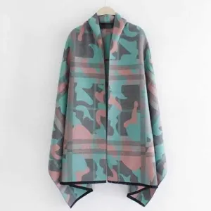 Fringed Edge Camouflage and Plaid Pattern Shawl Pashmina - Light Blue
