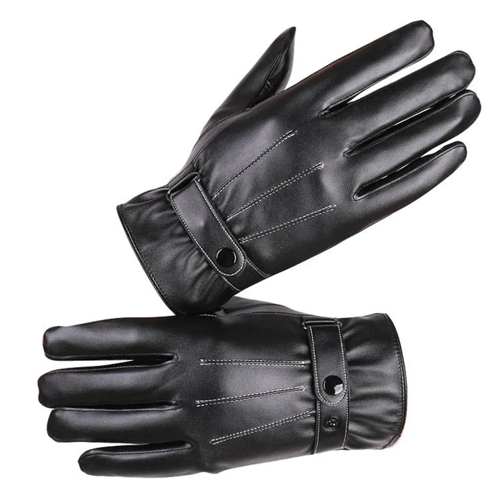 Full Finger PU Mens Black Leather Gloves for Winters -Touchscreen warm gloves - for Skiing or