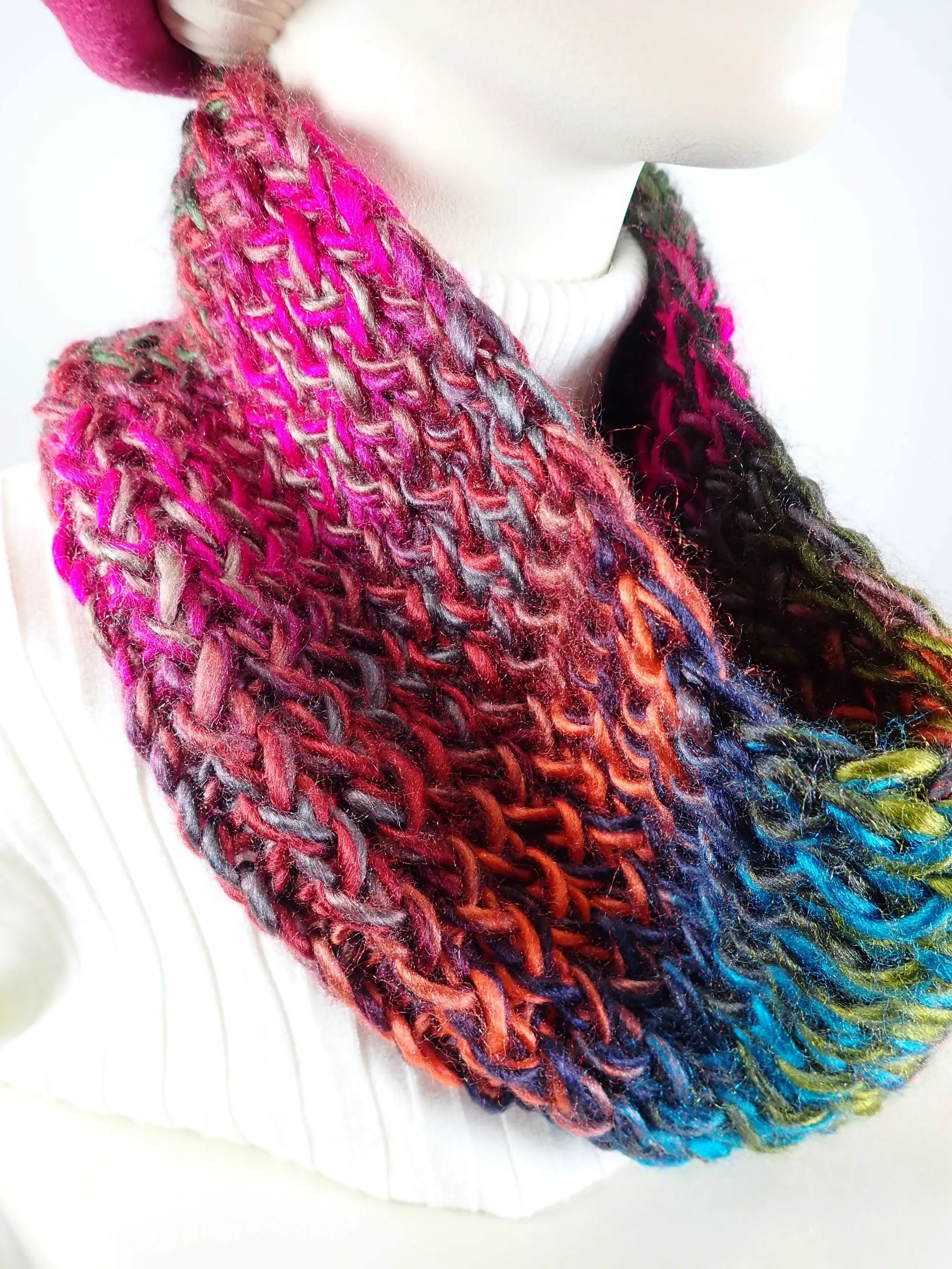 Gifts for her. Hand knitted cowl scarf. Multi color ladies scarf. Soft warm cowl scarf. Vivid acrylic yarn cowl scarf. Womens gift ideas