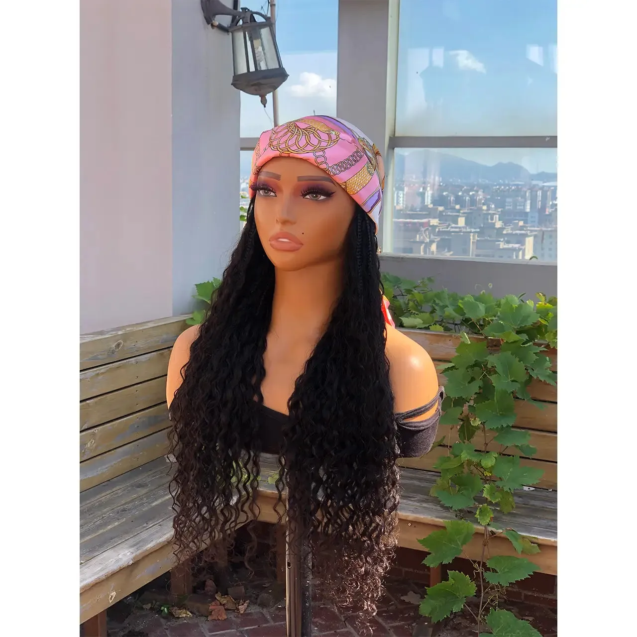 Grab & Go Boho Style Boho Braids Band Wig with Human Hair Curls for Black Women
