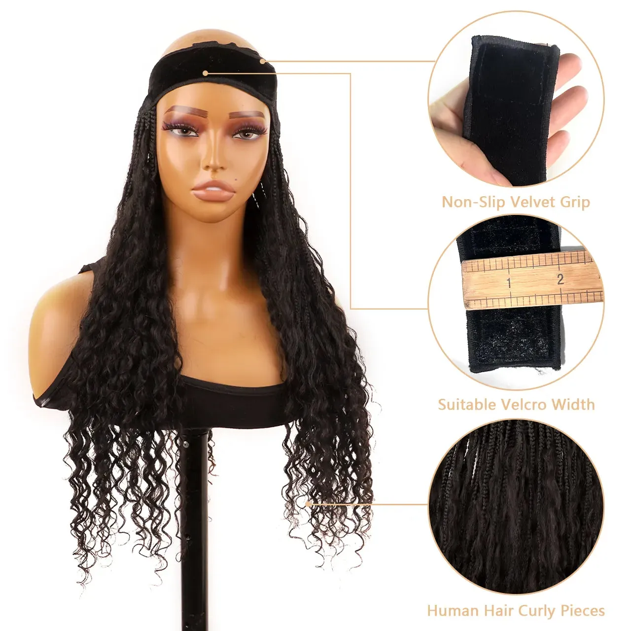Grab & Go Boho Style Boho Braids Band Wig with Human Hair Curls for Black Women
