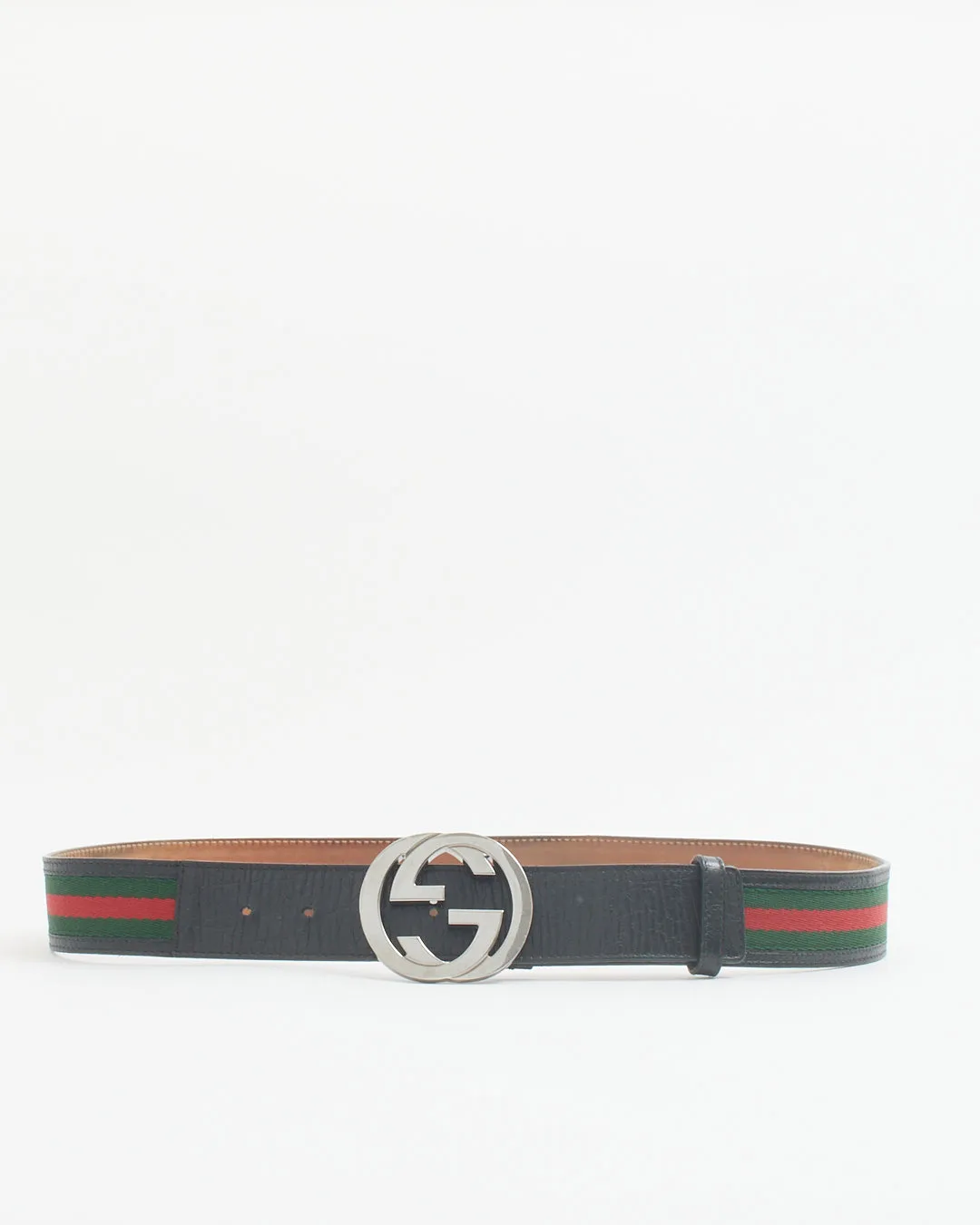 Gucci Black Leather Trim Web GG Buckle Belt 90/36