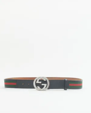 Gucci Black Leather Trim Web GG Buckle Belt 90/36
