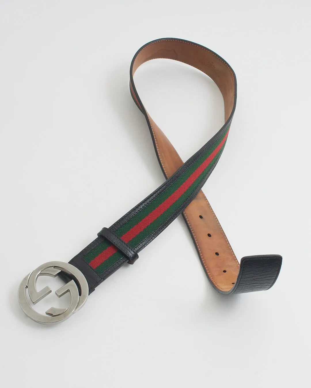 Gucci Black Leather Trim Web GG Buckle Belt 90/36