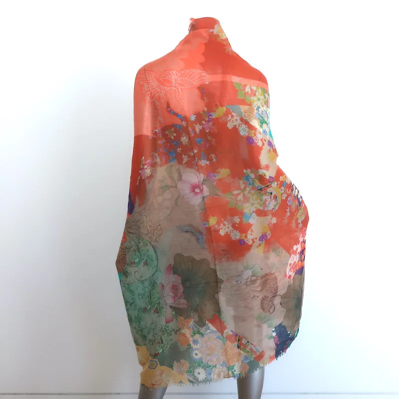 Gucci Floral Tiger Print Shawl Scarf Blue/Multicolor Fringed Gauze 83" X 47"