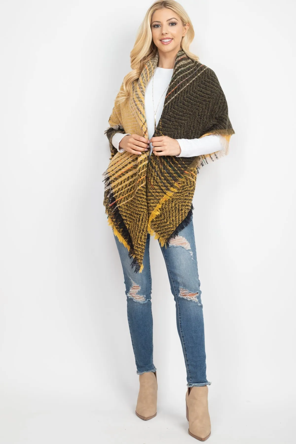 HDF2917- TWO TONE BLANKET FRINGED SCARF