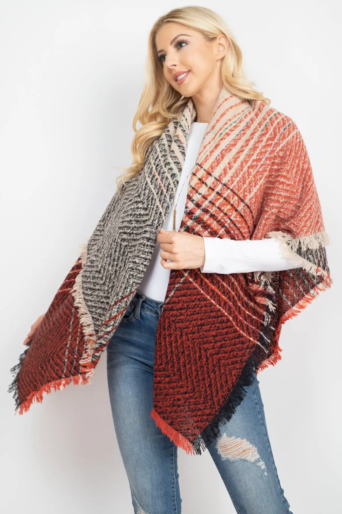 HDF2917- TWO TONE BLANKET FRINGED SCARF