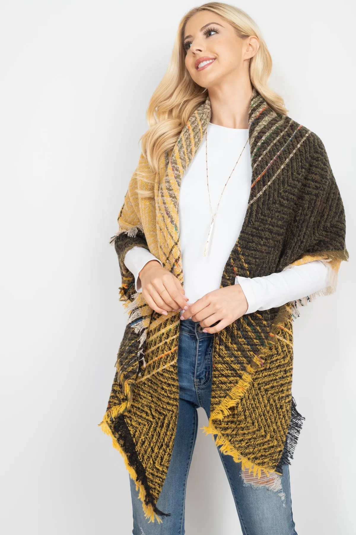 HDF2917- TWO TONE BLANKET FRINGED SCARF