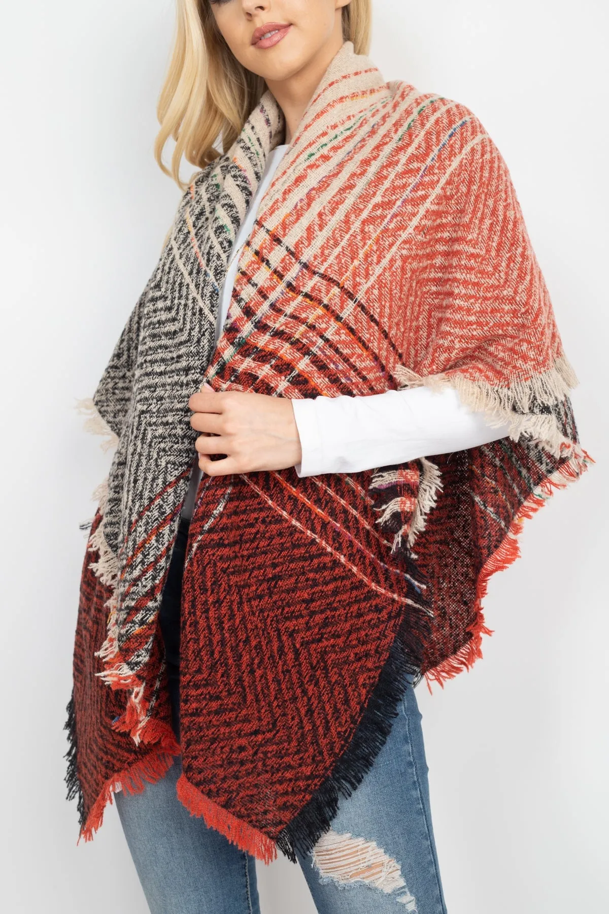 HDF2917- TWO TONE BLANKET FRINGED SCARF