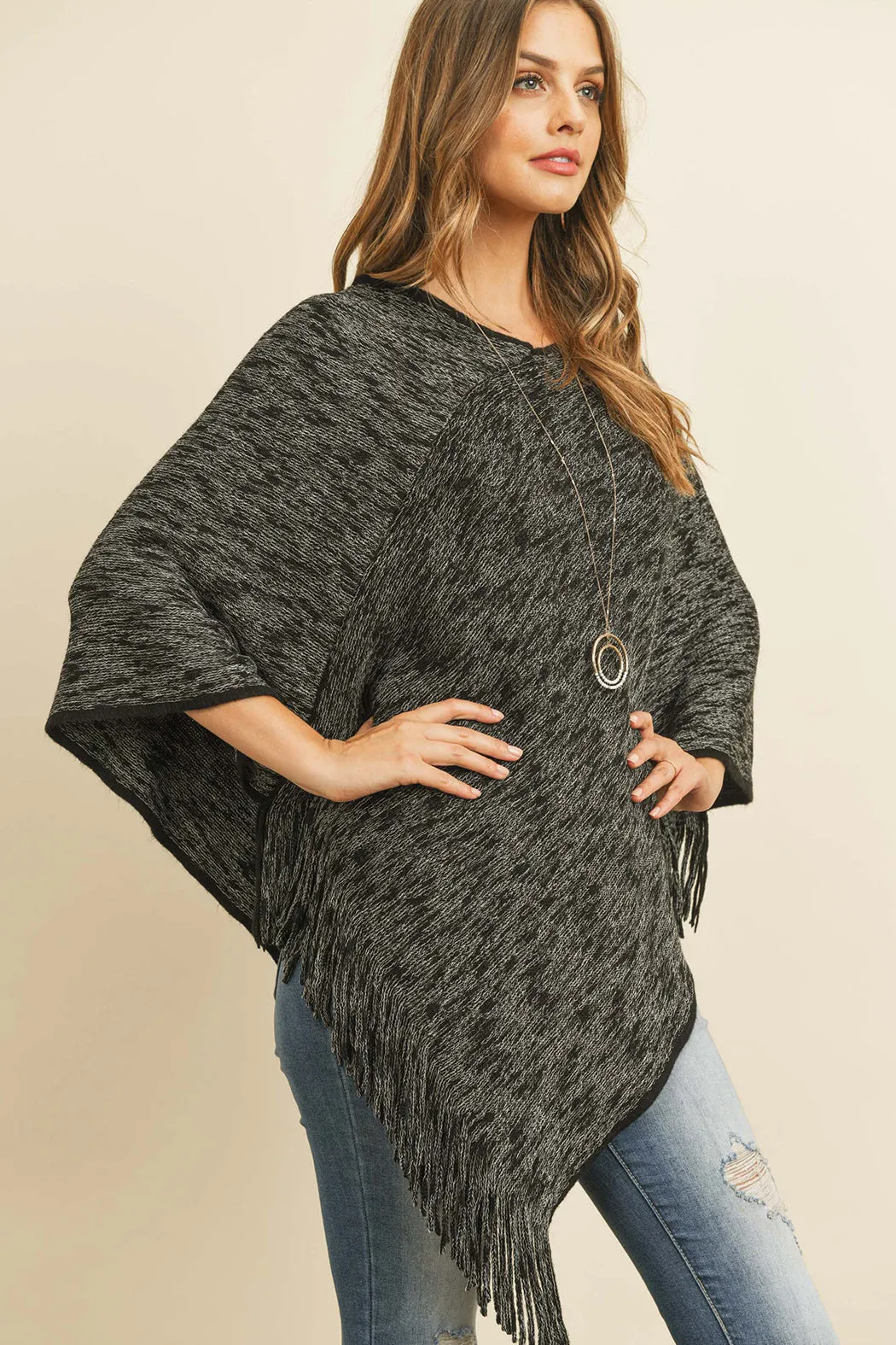 HDF3073 - TWO TONE FRINGE PONCHO