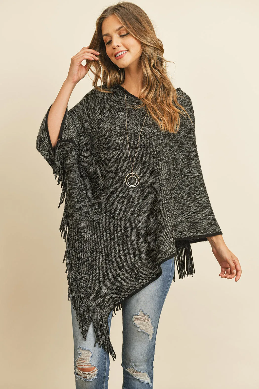 HDF3073 - TWO TONE FRINGE PONCHO