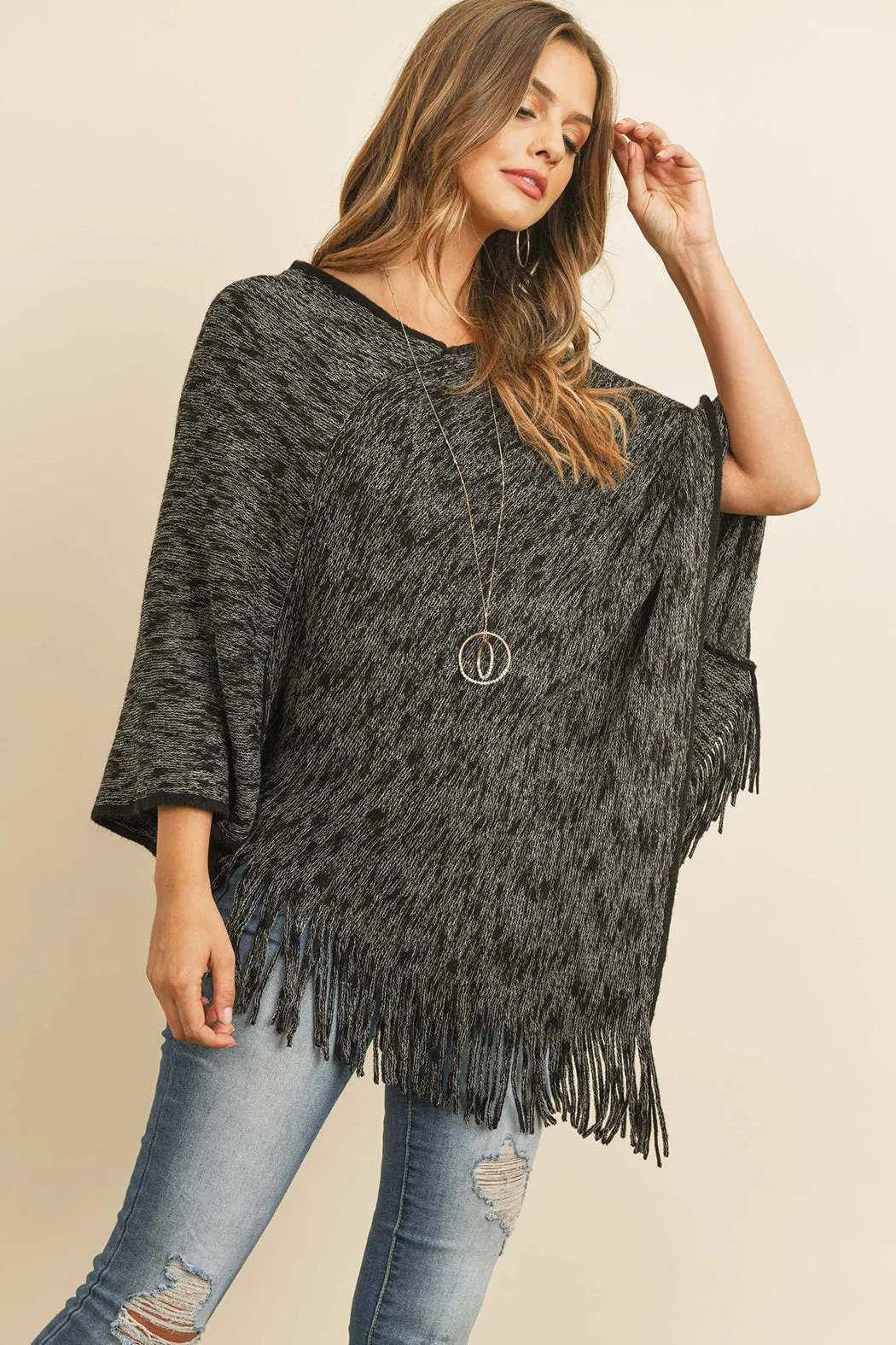 HDF3073 - TWO TONE FRINGE PONCHO