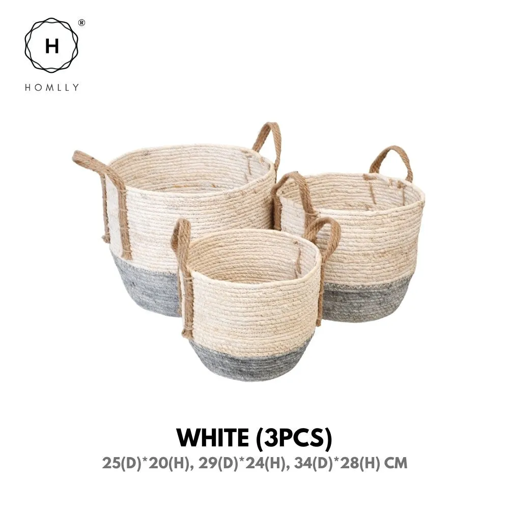 Homlly Round Braided Seagrass Woven Storage Laundry Toy Basket with Jute Handles (Set of 3)