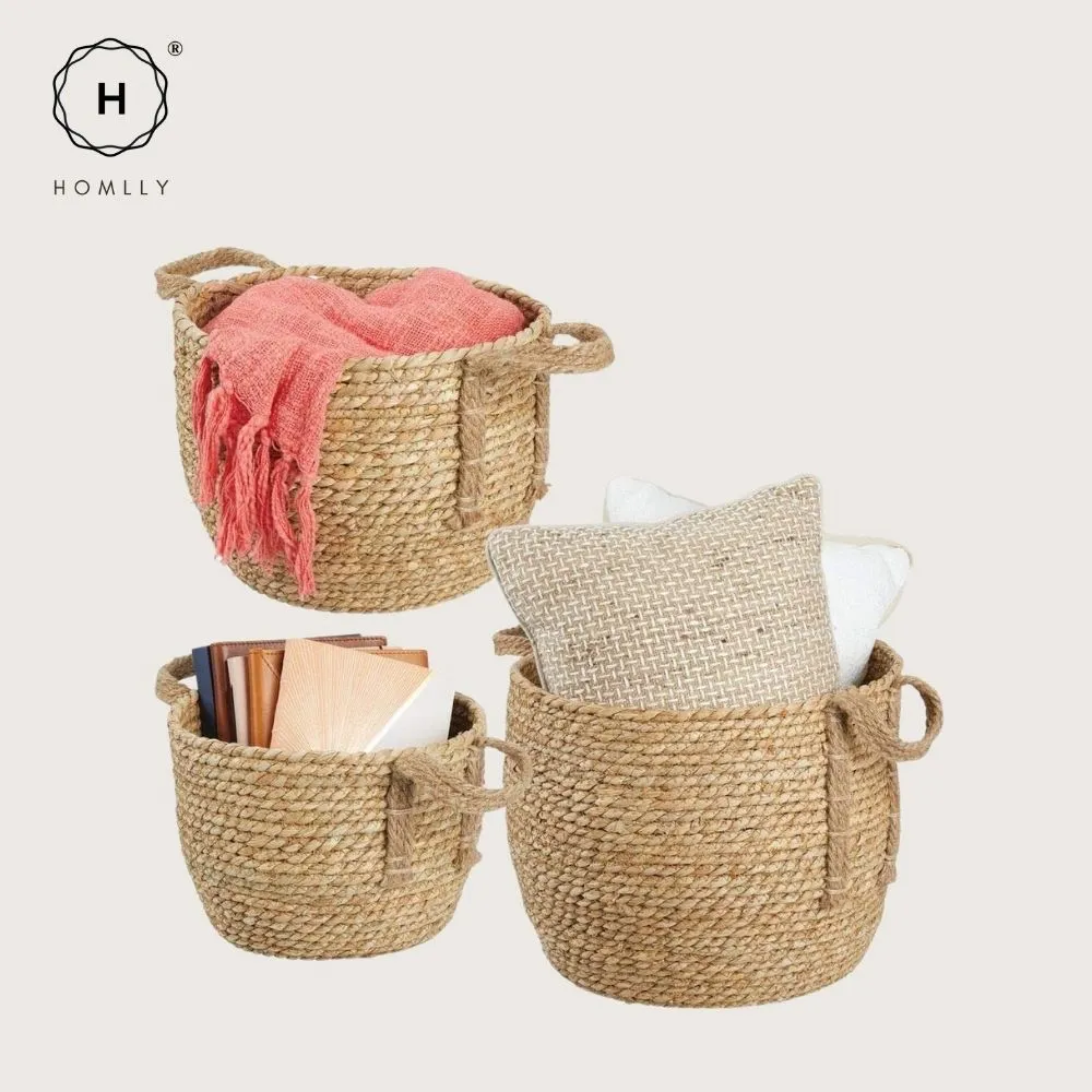 Homlly Round Braided Seagrass Woven Storage Laundry Toy Basket with Jute Handles (Set of 3)