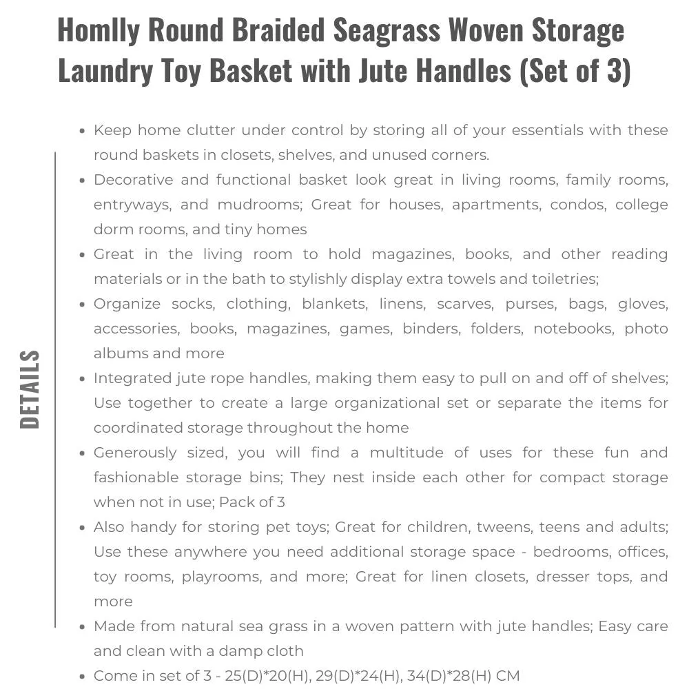 Homlly Round Braided Seagrass Woven Storage Laundry Toy Basket with Jute Handles (Set of 3)