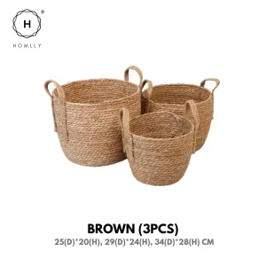 Homlly Round Braided Seagrass Woven Storage Laundry Toy Basket with Jute Handles (Set of 3)