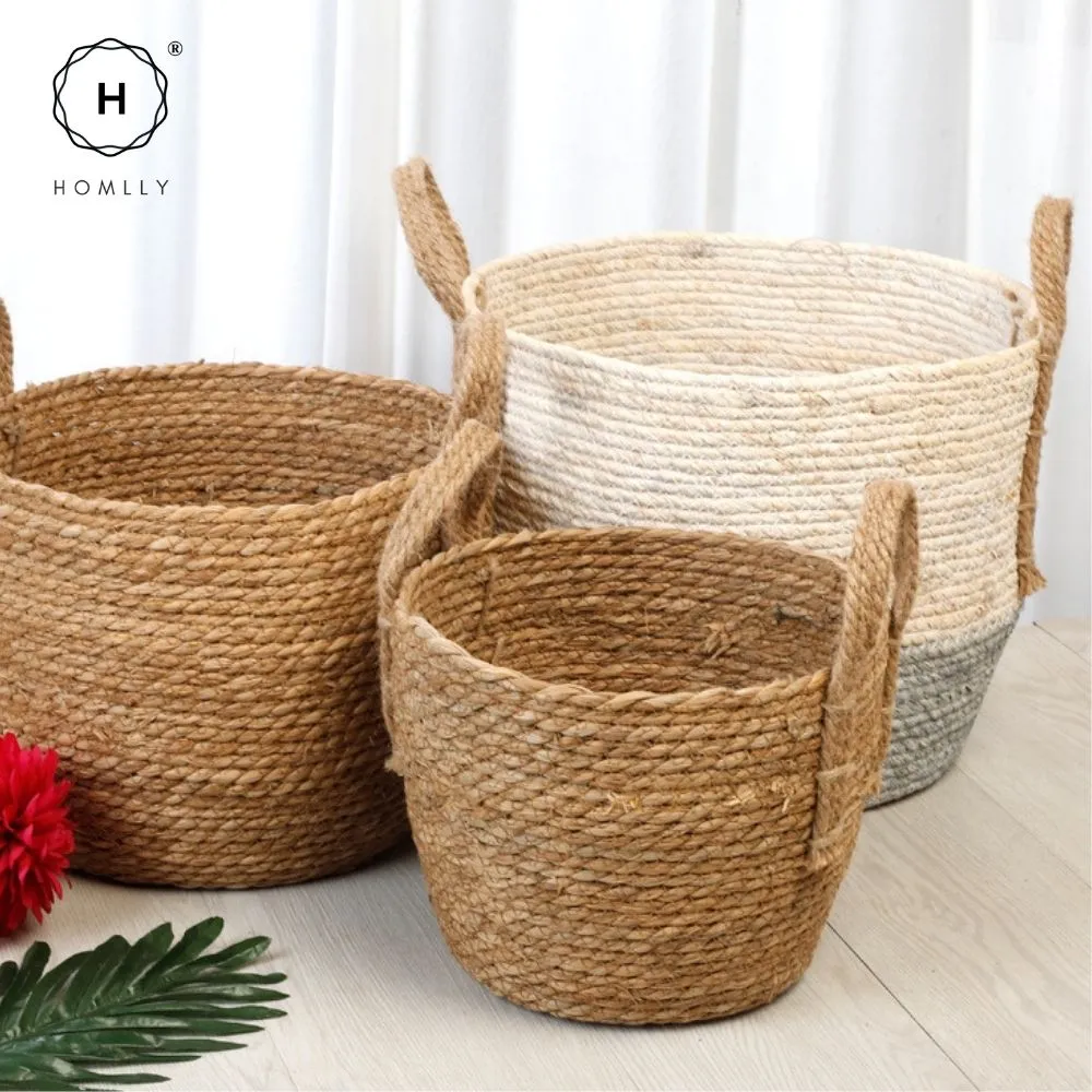 Homlly Round Braided Seagrass Woven Storage Laundry Toy Basket with Jute Handles (Set of 3)