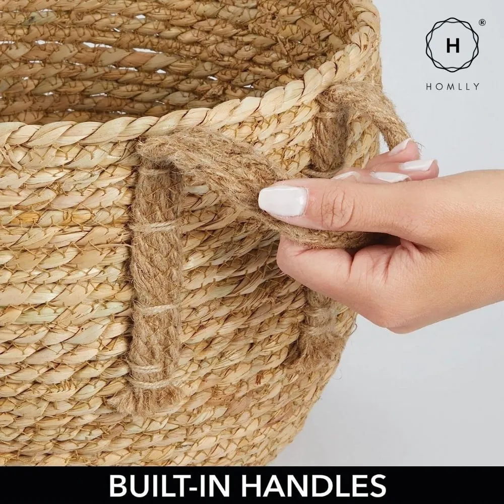 Homlly Round Braided Seagrass Woven Storage Laundry Toy Basket with Jute Handles (Set of 3)