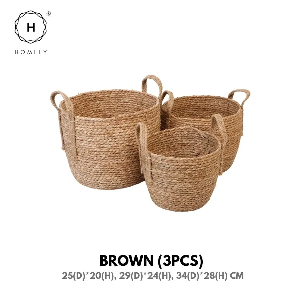 Homlly Round Braided Seagrass Woven Storage Laundry Toy Basket with Jute Handles (Set of 3)