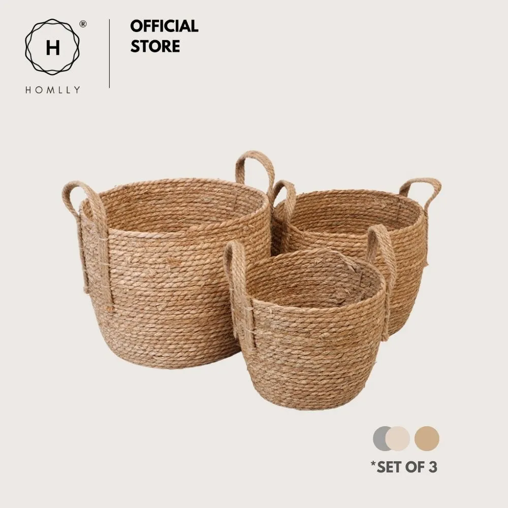Homlly Round Braided Seagrass Woven Storage Laundry Toy Basket with Jute Handles (Set of 3)