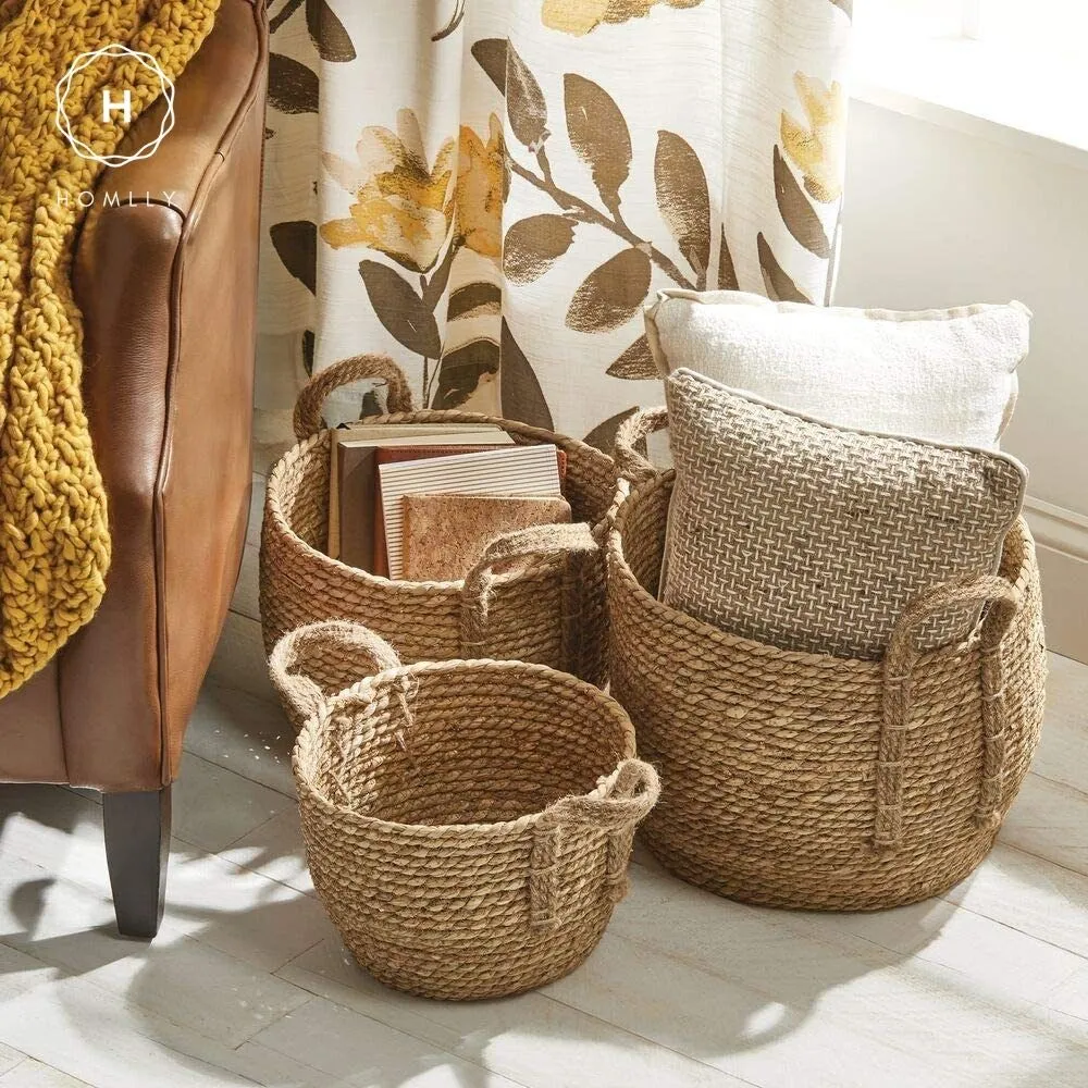 Homlly Round Braided Seagrass Woven Storage Laundry Toy Basket with Jute Handles (Set of 3)