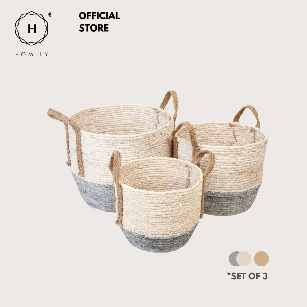 Homlly Round Braided Seagrass Woven Storage Laundry Toy Basket with Jute Handles (Set of 3)