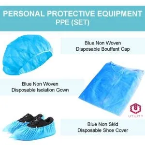 Isolation Gowns (40gsm) with knitted cuff, Head Cover & Shoe Cover (Sets)