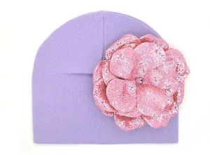 Lavender Cotton Hat with Sequins Pale Pink Rose