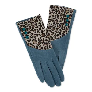Leopard Button Gloves in Teal