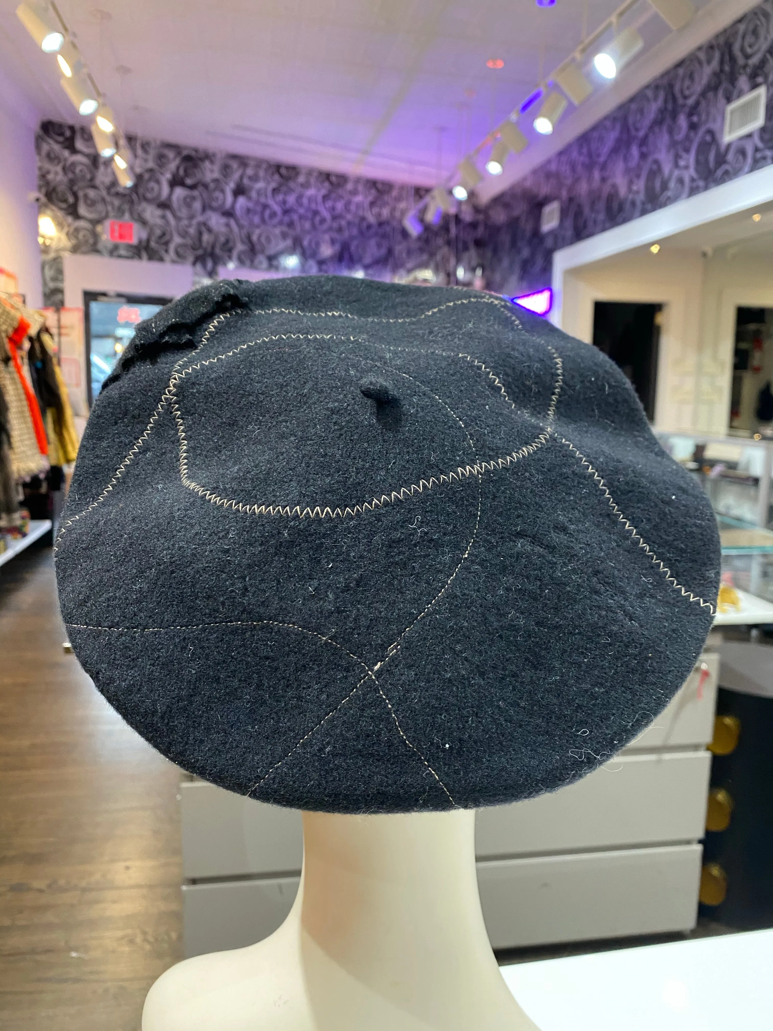 Lisa Shaub Custom Beret Black with Camel Stitching and Flower