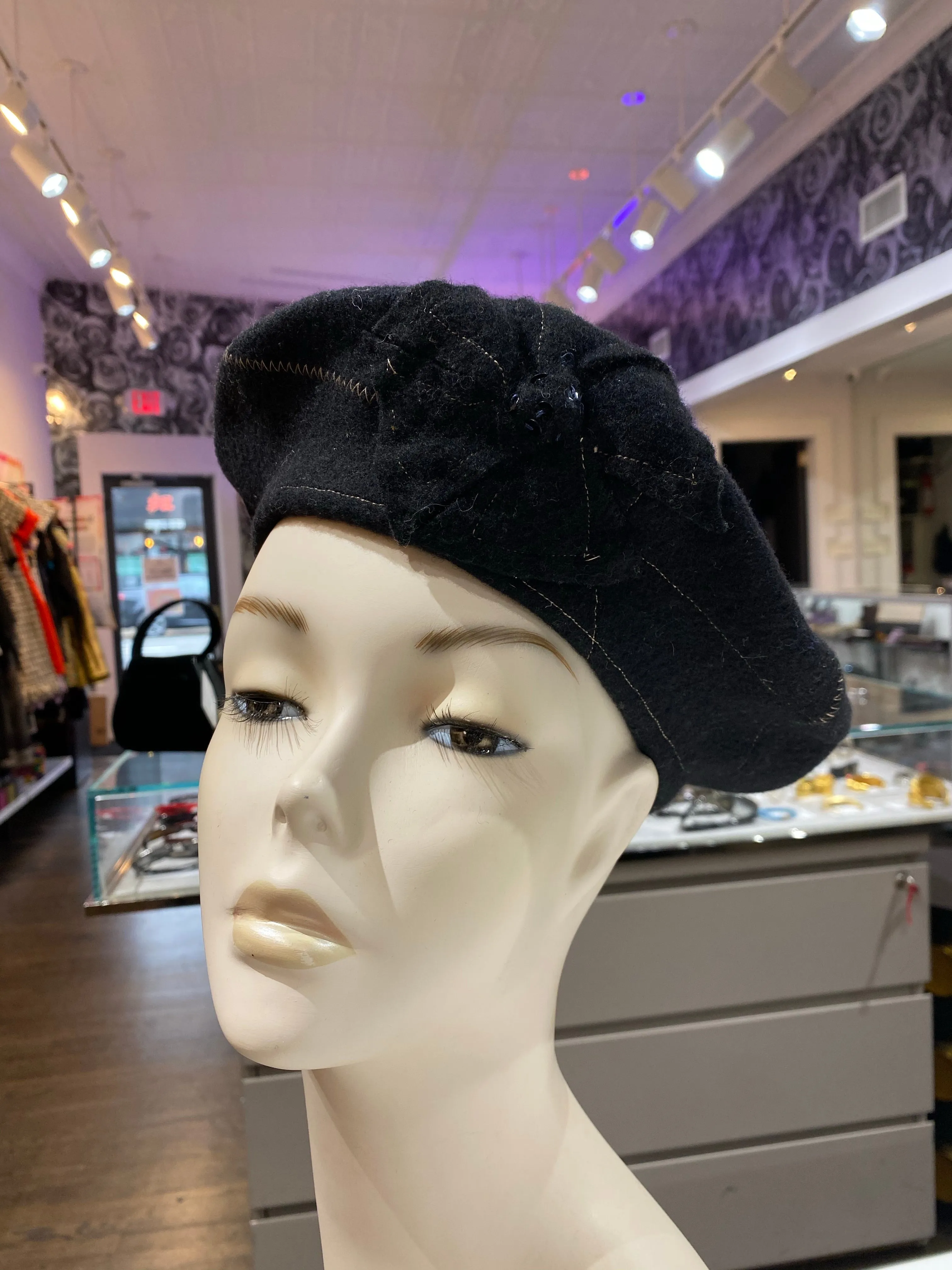 Lisa Shaub Custom Beret Black with Camel Stitching and Flower