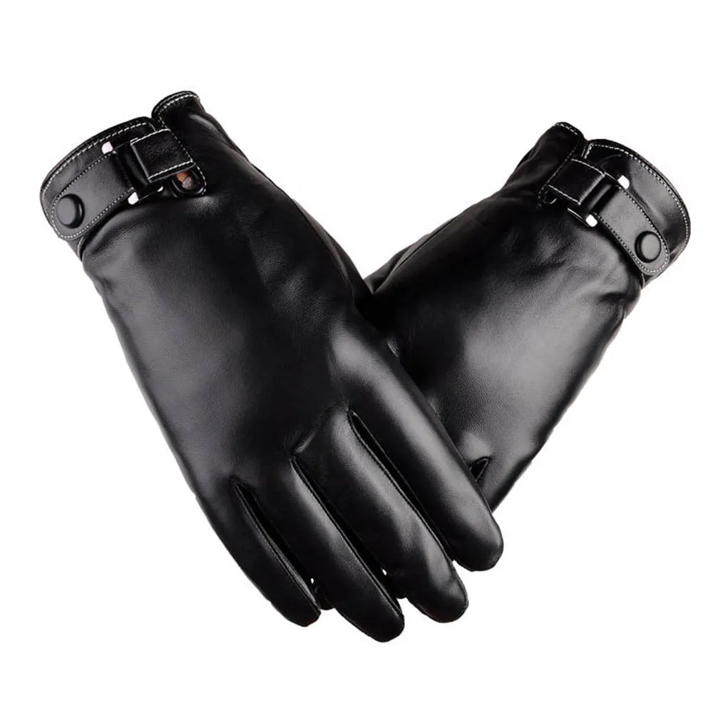 Mens Black PU Leather Gloves for Winters -Touchscreen warm gloves - for Skiing or Driving motorcycle
