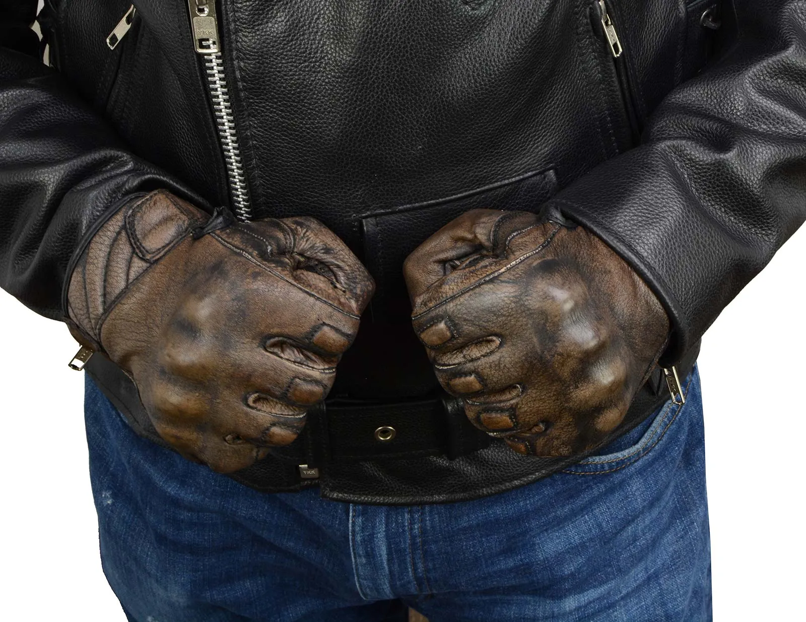 MG7514 Men's Brown Leather i-Touch Screen Compatible Gel Palm Motorcycle Gloves W/ Protective Knuckle