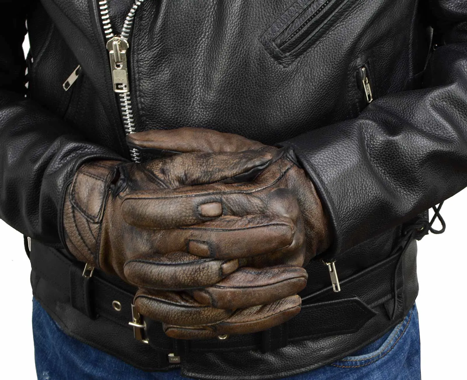 MG7514 Men's Brown Leather i-Touch Screen Compatible Gel Palm Motorcycle Gloves W/ Protective Knuckle