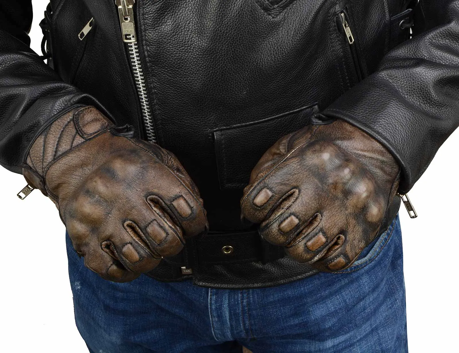 MG7514 Men's Brown Leather i-Touch Screen Compatible Gel Palm Motorcycle Gloves W/ Protective Knuckle