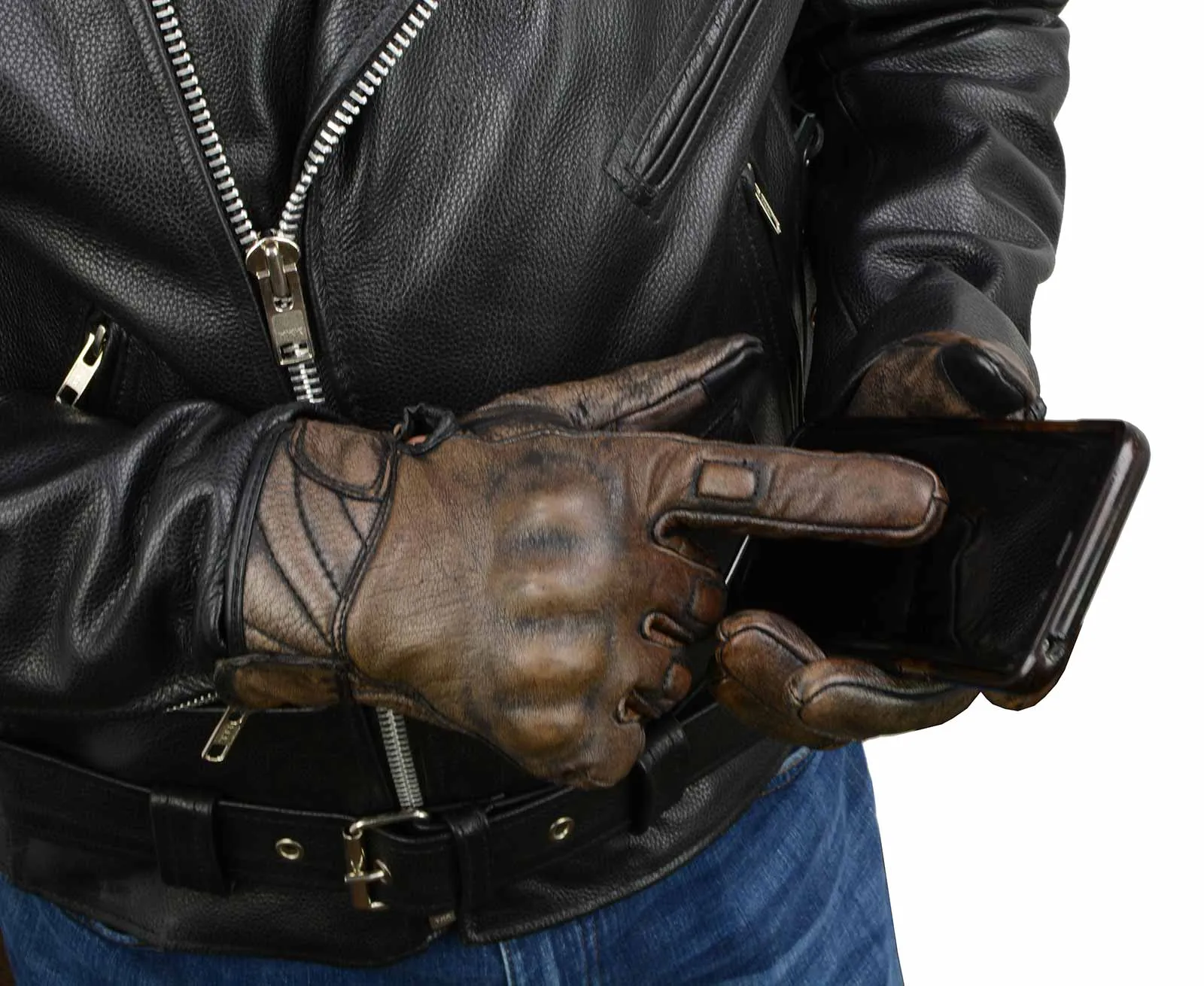 MG7514 Men's Brown Leather i-Touch Screen Compatible Gel Palm Motorcycle Gloves W/ Protective Knuckle