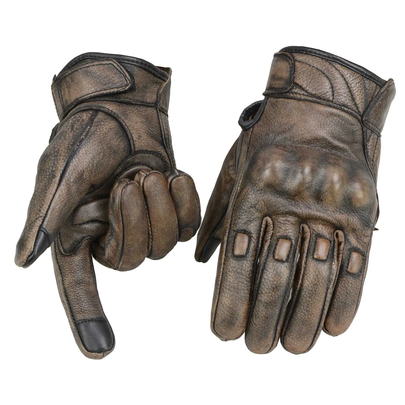 MG7514 Men's Brown Leather i-Touch Screen Compatible Gel Palm Motorcycle Gloves W/ Protective Knuckle