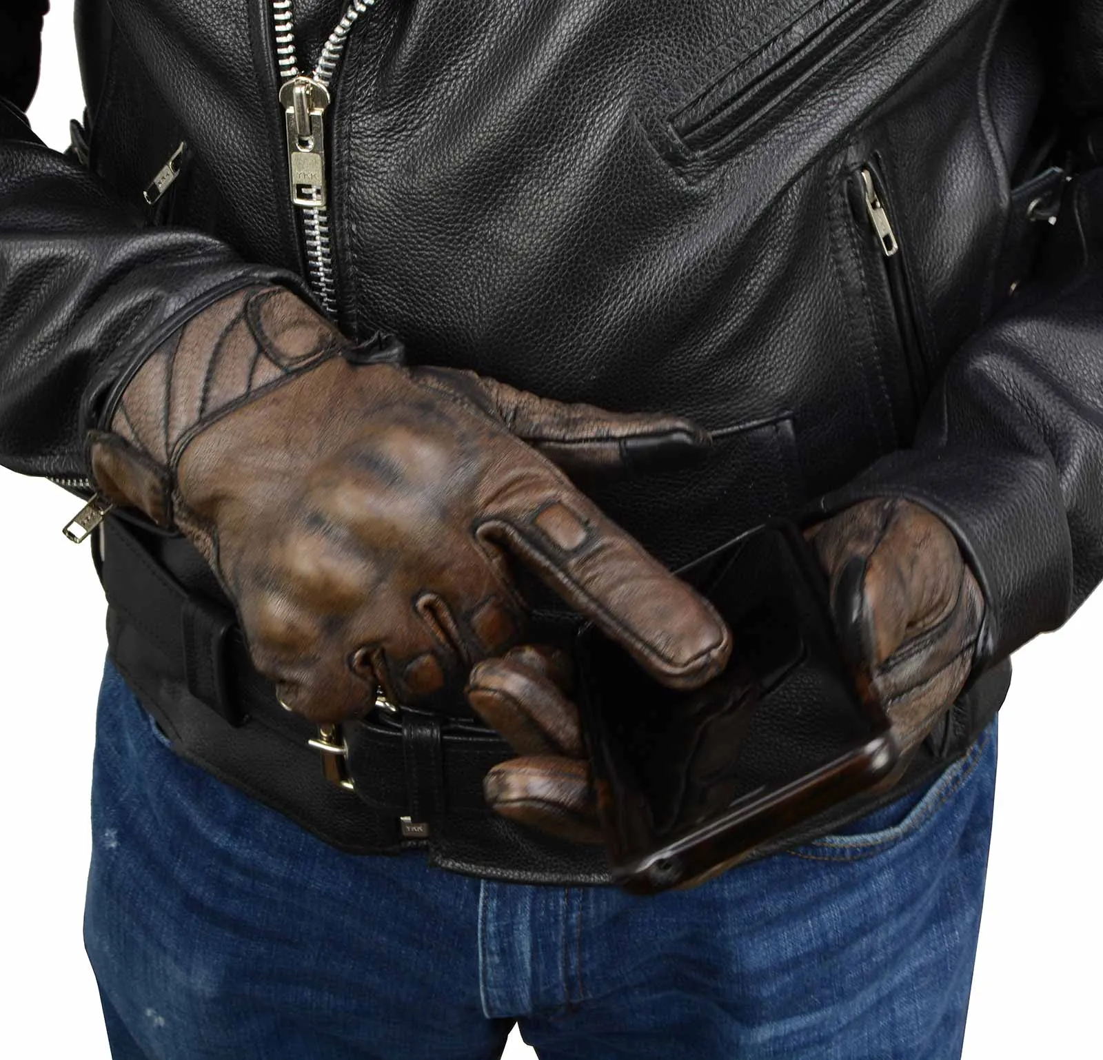 MG7514 Men's Brown Leather i-Touch Screen Compatible Gel Palm Motorcycle Gloves W/ Protective Knuckle