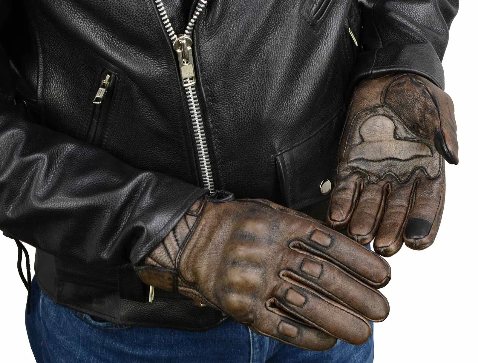 MG7514 Men's Brown Leather i-Touch Screen Compatible Gel Palm Motorcycle Gloves W/ Protective Knuckle