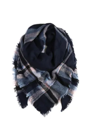 NAVY BLANKET FRINGED SCARF