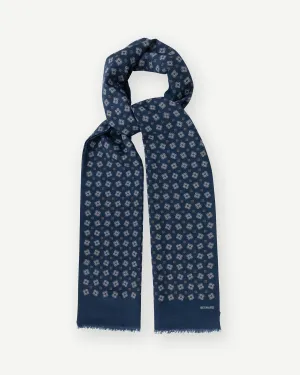 Navy Medallion Print Wool Silk Scarf