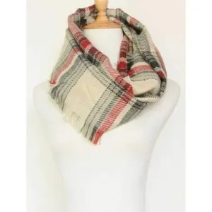Plaid Pattern Fringed Warm Cowl Scarf - Beige