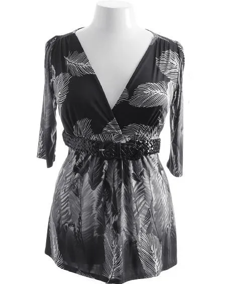 Plus Size Braided Belt Floral Black Top