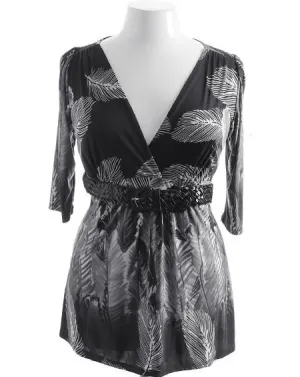 Plus Size Braided Belt Floral Black Top