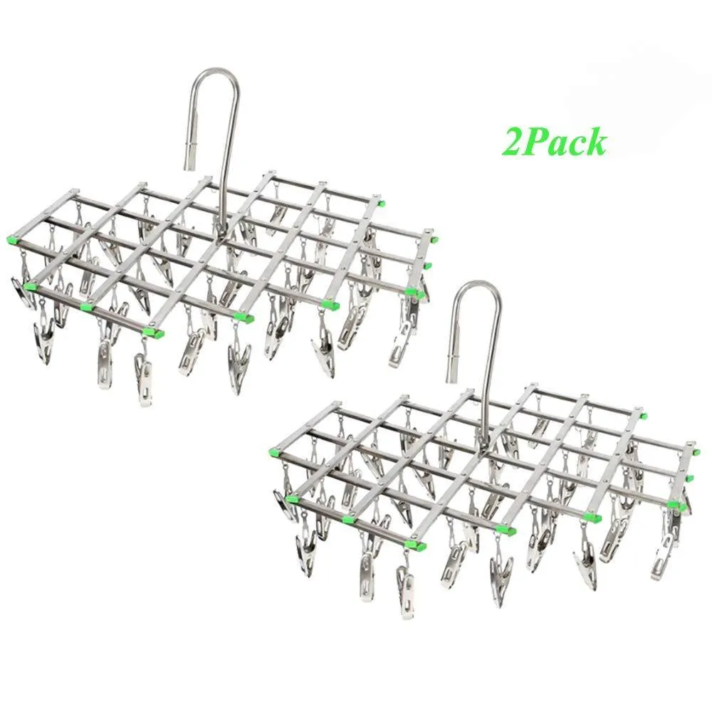 qinglele 2Pcs Swivel Hook Stainless Steel 35 Pegs Drying Rack Clothes Hanger for Underwear Socks Gloves