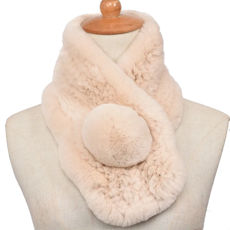 Rabbit Fur Scarf Women Winter Knitted Collar Beige with Pompoms