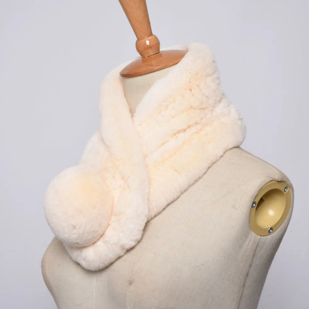 Rabbit Fur Scarf Women Winter Knitted Collar Beige with Pompoms