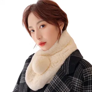 Rabbit Fur Scarf Women Winter Knitted Collar Beige with Pompoms